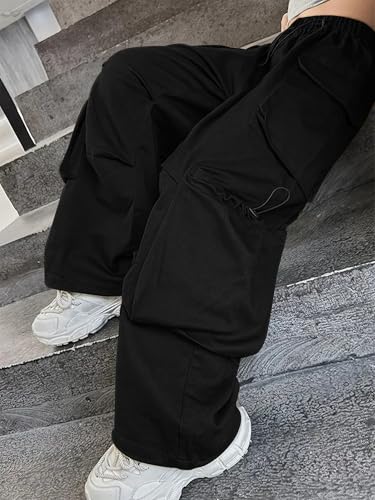 Image of Girls Vintage Multiple Pockets Cargo Pants Wide-Leg Casual Straight Streetwear, 6-14 Years Black 11-12Y