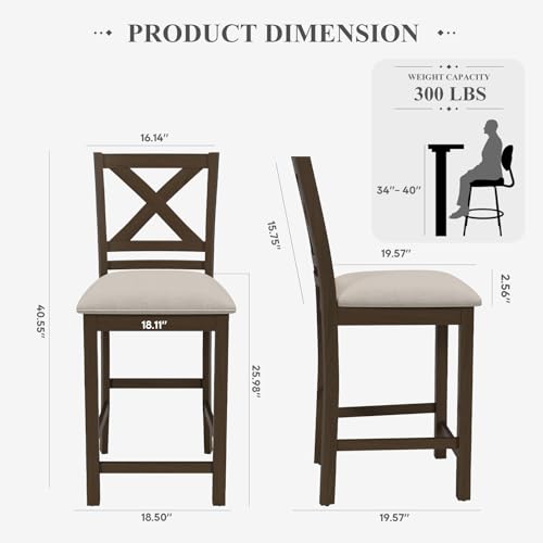 Image of COLAMY Upholstered Counter Height Bar Stools Set of 2, Modern Kitchen Island Barstools Chairs with Cross Back and Wood Legs for Dining Room Bar, Brown Black