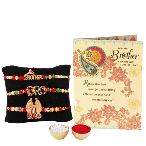 Image of ARCHIES Rakhi for Brother Rakshabandhan Combo of 3 Party Bhai Rakhis With 1 Roli & Chawal Set-10gm & Greeting Card (Pack of 5) for Bhaiya|Bro|Bhai