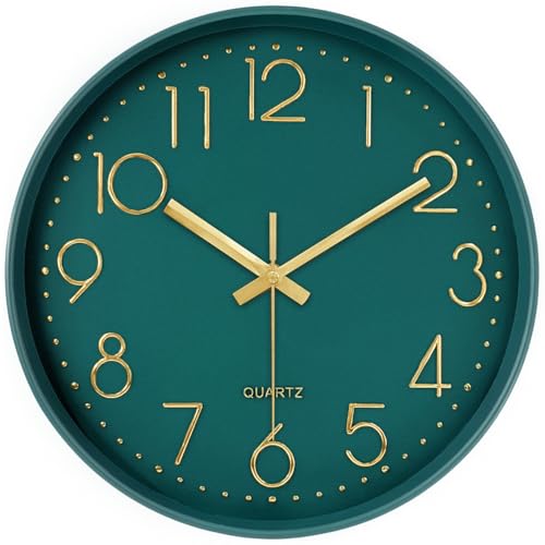 Image of Wall Clock, Silent Wall Clocks Battery Operated 10 Inch- Modern Non Ticking Analog Clock with Large Numerals Tempered Glass Clocks for Bedroom Living Room Kitchen Office Decor, Dark Green