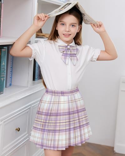 Image of Betusline Girls Skirt Set JK School Uniform 2-Piece Outfit - Short Sleeve Shirt with Bow & Pleated Skirt 4T-14Y