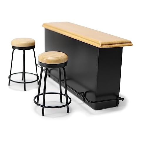 Dollhouse Furniture Metal Bar Table & Chair with Wood Top Pub Set 1:12 Scale Miniature Accessories Bar Counter Stool Mini Dining Coffee Table Model Layout Props Desktop Decor Cover