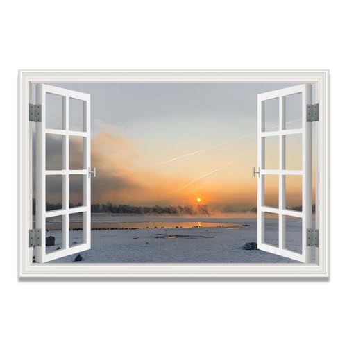 Tableau toile fenêtre trompe-l'œil pour salon chaleureux et cocooning