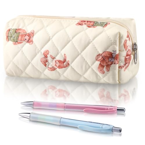Image of Sherr Bear Pencil Case Beige Cute Pencil Pouch Soft Cotton Quilted Storage Bag Aesthetic Pattern Gift Makeup Pouch Cosmetic Travel Bag for Women