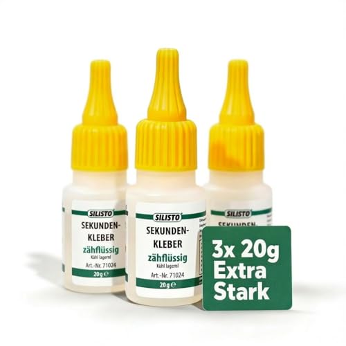 SILISTO Sekundenkleber Extra Stark 3x 20g – Zähflüssiges Cyanacrylat für Modellbau & Haushalt – Universal Kleber & Bastelkleber Transparent Flüssig für Kunststoff, Holz, Glas & Metall uvm