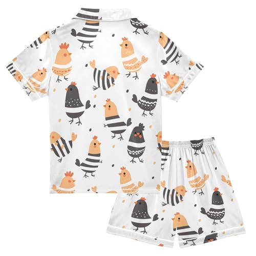 ALAZA Cute Chicken on White Pajamas Satin Pajama Set Short Sleeve Button Down Sleepwear2