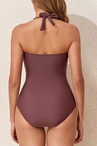 Image of Smismivo Tummy Control Swimwear Halter One Piece Slimming Vintage Retro Swimsuit Womens Ruched Push Up Bathing Suit
