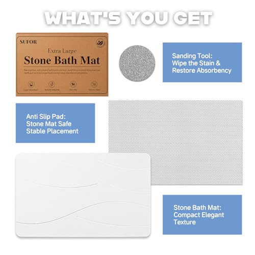32x20 Large Stone Bath Mat for Floor, Diatomaceous Earth Shower Mat, Quick Drying, Super Absorbent Diatomite Stone Bath Mat – Elegant Modern Design, (CloudWhite) by SUFOR - Image 6