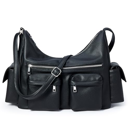 KALIDI Crescent Y2K Shoulder Bag Casual Vintage Punk Vegan Leather Purse Tote Zipper Pockets Hobo Crossbody Bag Work Travel