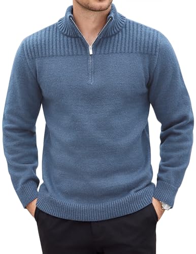 COOFANDY Half Zip Pullover Herren Langarm Arbeitspullover mit Rollkragen Turtleneck Troyer Winter Warm Sweater Basic Pulli Blau XL