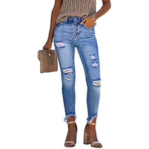 Lucklovell Women Sky Blue High Rise Button Front Frayed Ankle Skinny Jeans ((US 4-6) S, Blue) Cover
