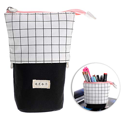 Preisvergleich Produktbild BSTKEY variabler Ständer Bleistifthalter Canvas Teleskop-Ständer Schreibwaren-Tasche Federmäppchen Kosmetiktasche Aufbewahrungstasche für Jungen und Mädchen, kariert