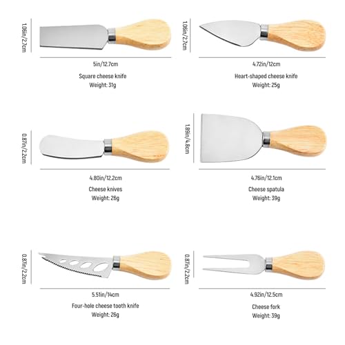 NOUYAGOV 6 PCS Cheese Knife Set,Cheese Knife Gift Set,Wooden Handle Stainless Steel Cheese Knife,Chisel Knife and Cheese Fork for Family Gatherings,Cheese Parties,Christmas and Halloween. - Image 3