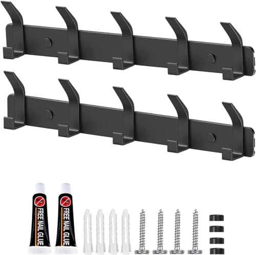 DGHOME 2 Packs Coat Hooks Wall Mounted, Coat Hangers Wall Mounted with 5 Hooks, Coat Hooks for Wall Self-Adhesive, Black Wall Coat Racks for Living Room, Kitchen, Bathroom