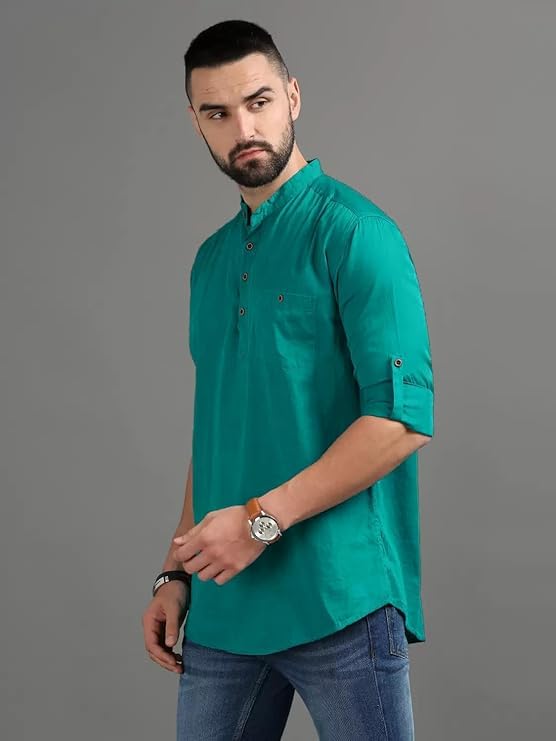 Image of DEEMOON Men's Cotton Blend Full Sleeve Short Kurta with Mandarin Collar Crafted from a Premium Cotton Blend