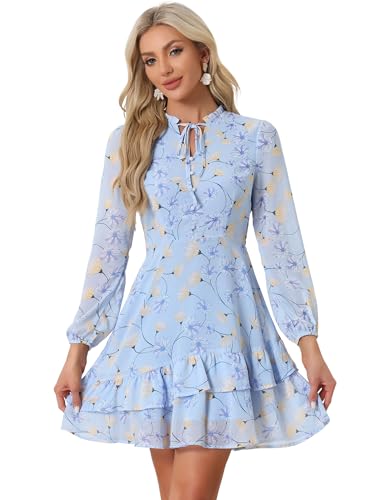 Image of Allegra K Women's Spring Dresses 2026 Tie V Neck Semi Sheer Long Sleeve Layered Tiered Chiffon Mini Floral Dress