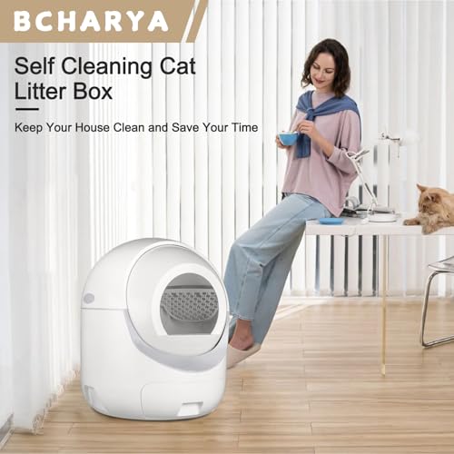 Self Cleaning Cat Litter Box, Automatic Cat Litter Box with APP Control Odor Removal Safety Protection for Multiple Cats, with Garbage Bags