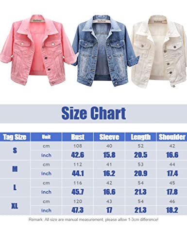 Unilexi Women's  3/4 Sleeve Colored Cropped Denim Jacket Light Wash Short Jean Jacket Trucker Coat(0096-Lightblue-S) #TOP6