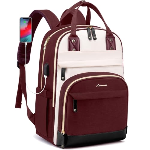 LOVEVOOK Laptop Backpack for Women, Waterproof 15.6 inch Work Bag Womens Rucksack with Anti-theft Zipper & USB Port, Large Ladies Backpacks Back Pack Womans for Travel School University Business Red