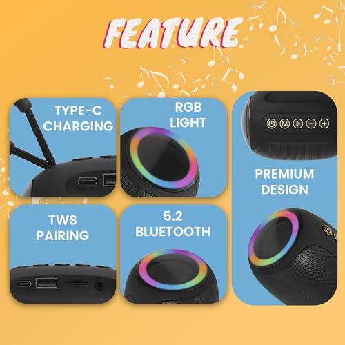 Image of Krisons Spark Glow Bluetooth Speaker 10W Multi-Media Bluetooth Party Speaker with RGB Lights, USB, SD Card and Handsfree Calling - Black