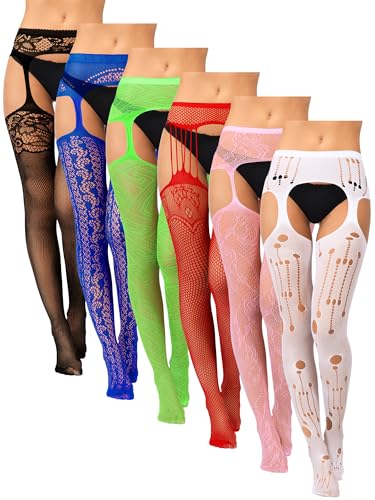 Geyoga 6 Pairs Women Fishnet Thigh High Stockings Suspender Pantyhose Lingerie Garter Belts Tights for Women Girls