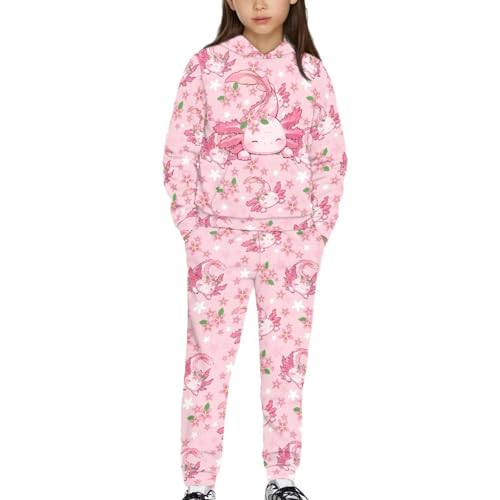 Twousenru Pink Axolotl Kids Graphic Hoodie & Pants Set Trendy 2-Piece Tracksuit, Soft Material for All-Day Comfort, Ideal for School & Playdates 5-12 Youth Athletic Tops 5-6Y