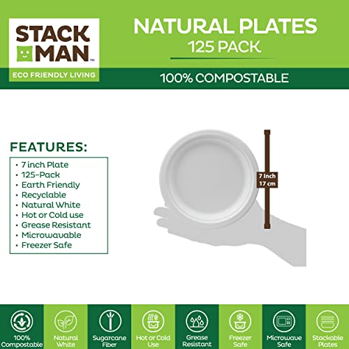 100% Compostable 7 Inch Heavy-Duty Dessert Plates [125-Pack] Eco-Friendly Disposable White Bagasse Plate, Made Of Natural Sugarcane Fibers - 7" Biodegradable #TOP3