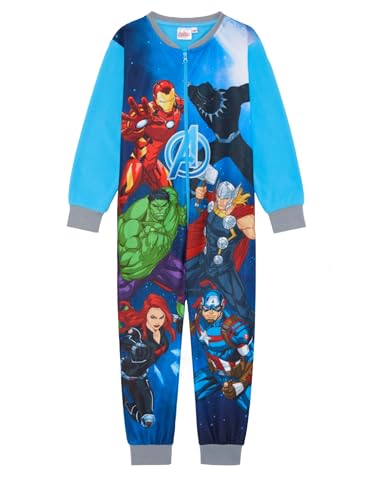 Marvel Avengers Official Boys Onesie, Sleepsuit, All in One Pyjamas Featuring Iron Man, Captain America, Hulk, Black Panther, Blue, Age 7-8 Years