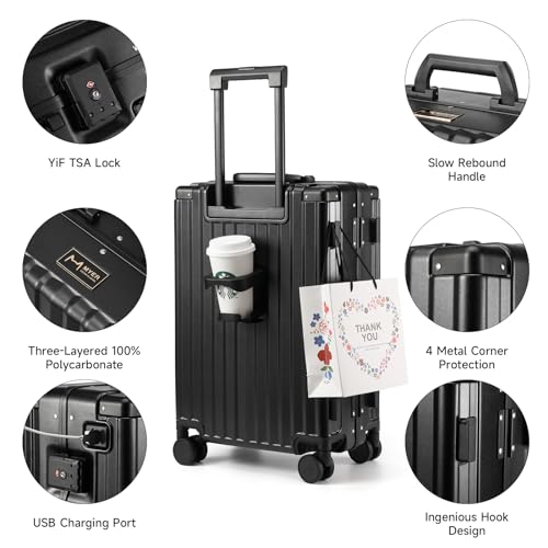 MYER Hard Shell Carry On Luggage 22x14x9 Airline Approved,20 Inch Aluminum Luggage with 100% 3-Layer PC,Carry On Suitcases with Wheels,Cup Holder and USB Port