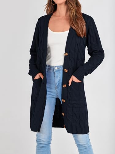 Image of PRETTYGARDEN Long Sleeve Cable Knit Long Cardigan for Women 2026 Spring Winter Chunky Open Front Button Sweaters with Pockets