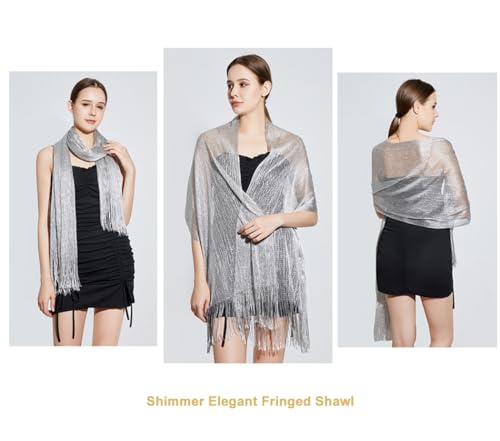 Womens Sparkling Shawls and Wraps for Evening Dresses, 2 pack Metallic Shawl, Glitter Wedding Party Scarf with Long Tassels4