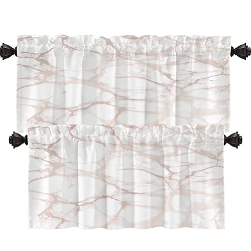 Shrahala Cenefas de cocina de mármol abstracto blanco, cortina de media ventana, tratamiento de ventana multicapa de poliéster para sala de estar, baño, paquete de 2 unidades de 52 x 18 pulgadas