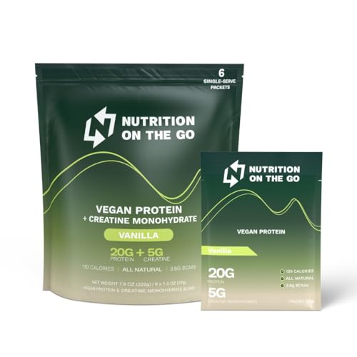 Nutrition On The Go Vanilla Vegan Protein Powder with Creatine - 20g Protein, 5g Creatine - Single-Serve Packets for Travel, On-The-Go, Gym, Dairy-Free, Gluten-Free, All-Natural - (6-Pack)