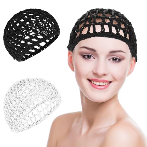 Heclia Crochet Hair Net for Thick Long Netted Hair Caps 2PCS, Black & White