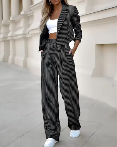 Melliflo Women's Business Suit Set Striped Cropped Blazer High Waist Wide Leg Pant 2 Piece Set2