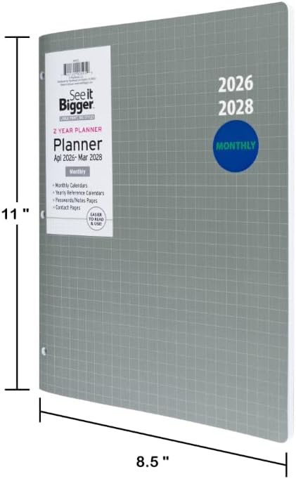 2-Year: Apr 2026 – Mar 2028 Monthly Planner, Specialized Large Print, Size 8.5'' X 11'', Assorted Covers, and Ballpoint Stylus Pen.