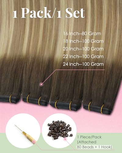 Image of YoungSee Butterfly Weft Hair Extensions Balayage OVO Weft Butterfly Hair Wefts Human Hair Walnut Brown Ombre Light Brown with Blonde PU Hole Weft Extensions Human Hair Cut into Any Size 18 Inch 100g