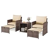 FinerFurnis 5-Piece High Back Patio Conversation Set with 2 Ottomans and Table, All-Weather PE Rattan Lounge Chairs with Soft Cushions, Perfect for Balcony, Porch, Garden, and Poolside