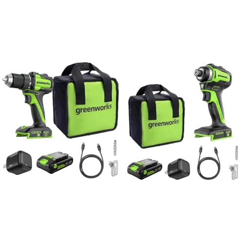 Greenworks 24V Cordless Brushless 400 in-lbs Drill/Driver+1950 in-lbs Impact Driver Combo Kits,High Torque, Lightweight, (2) 2.0Ah USB-C Batteries(12,000mAh Power Bank) and (2) 30W USB-C Fast Charger