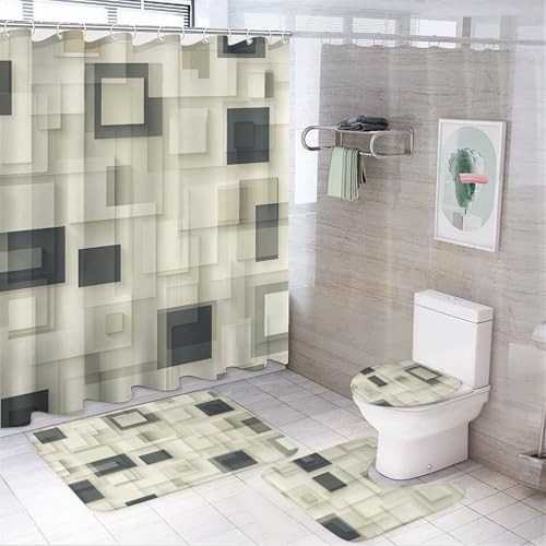 Shower Curtain and Bath Mat Set, Modern Minimalist Geometric Tiles