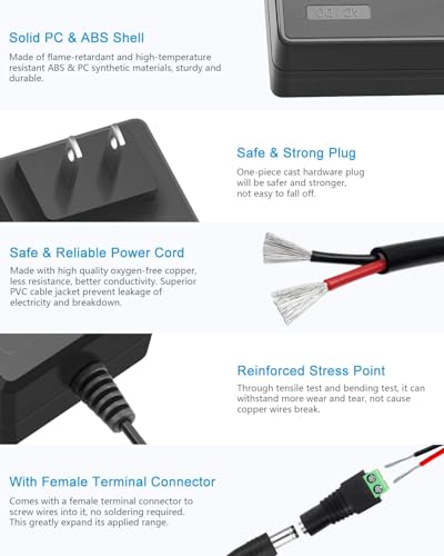 ALITOVE DC 12V Power Supply 5A + 4A Transformer AC Adapter 100-240V 50/60Hz Input with 5.5x2.5mm DC Output Jack for 5050 3528 LED Strip Module Light - Thumbnail 7