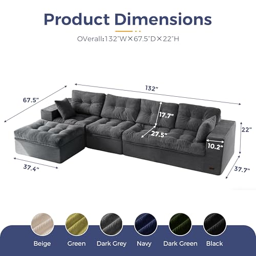 Image of MAXYOYO 132 inch L Shaped Modular Sectional Sofa with Ottoman, Cloud Boneless Couch with Layered Cushion, Upholstered Sofa in a Box, Flexible Module Combination for Living Room, No Assembly, Dark Grey
