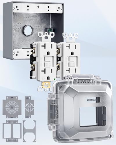 SURAIELEC 2-Gang Outdoor GFCI Outlet Kit with Weatherproof Cover and Junction Box, UL Listed In-Use Outlet Cover, 20 Amp TR WR ETL Listed GFCI Receptacle, Non-Metallic Extra-Duty Box, Grey, 1 Pack