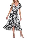 AUSELILY Summer Dresses for Women UK Midi Wrap Beach Casual V-Neck Short Sleeve Slit Ruffle Dress for Cocktail Wedding Guest