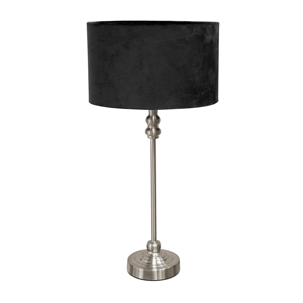 ValueLights | Brushed Chrome Metal Candlestick Table Lamp with Black Velvet Drum Shade Bedside Light | Table Lamps, Home Décor & Improvement Essential