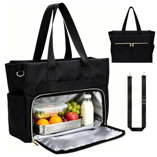 Lnopever Mujer Lunch Bag, Aislamiento Térmico Bolsa Comida Trabajo Para Viajes De Negocios, Loncheras De Trabajo Portátil De Tres En Uno, Con Compartimento Térmico, Paquete Gran Capacidad (Negro)