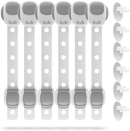 Baby Proofing Child Safety Strap Locks + Child Proof Outlet Covers (6+6 Pack) - Safety Locks for Baby with 3M Adhesive - Child Proof Cabinet Latches for Drawers, Fridge, Toilet - No Drilling (Grey)