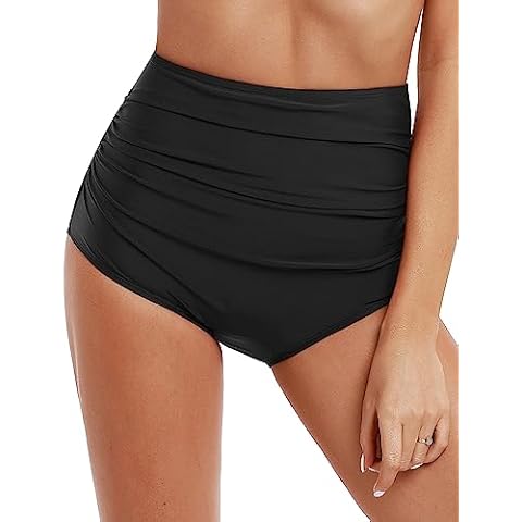 Firpearl Women's Retro Solid High Waist Ruched Bikini Bottom Ruched Swim Shorts US14 Black Cover