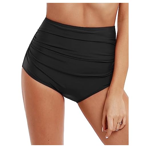 Firpearl Women's Retro Solid High Waist Ruched Bikini Bottom Swim Brief US12 Black