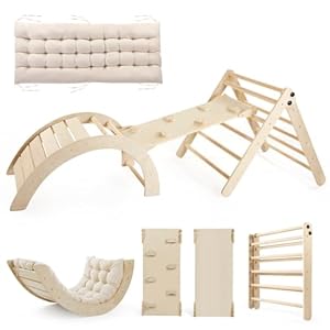 Pikler Triangle Set with Cushion, 5 in 1 Montessori Foldable Climbing Set, Climbing Indoor Playground Toys Set for Toddlers, Wooden Climbing Toys with Ramp and Arch Climber for Kids